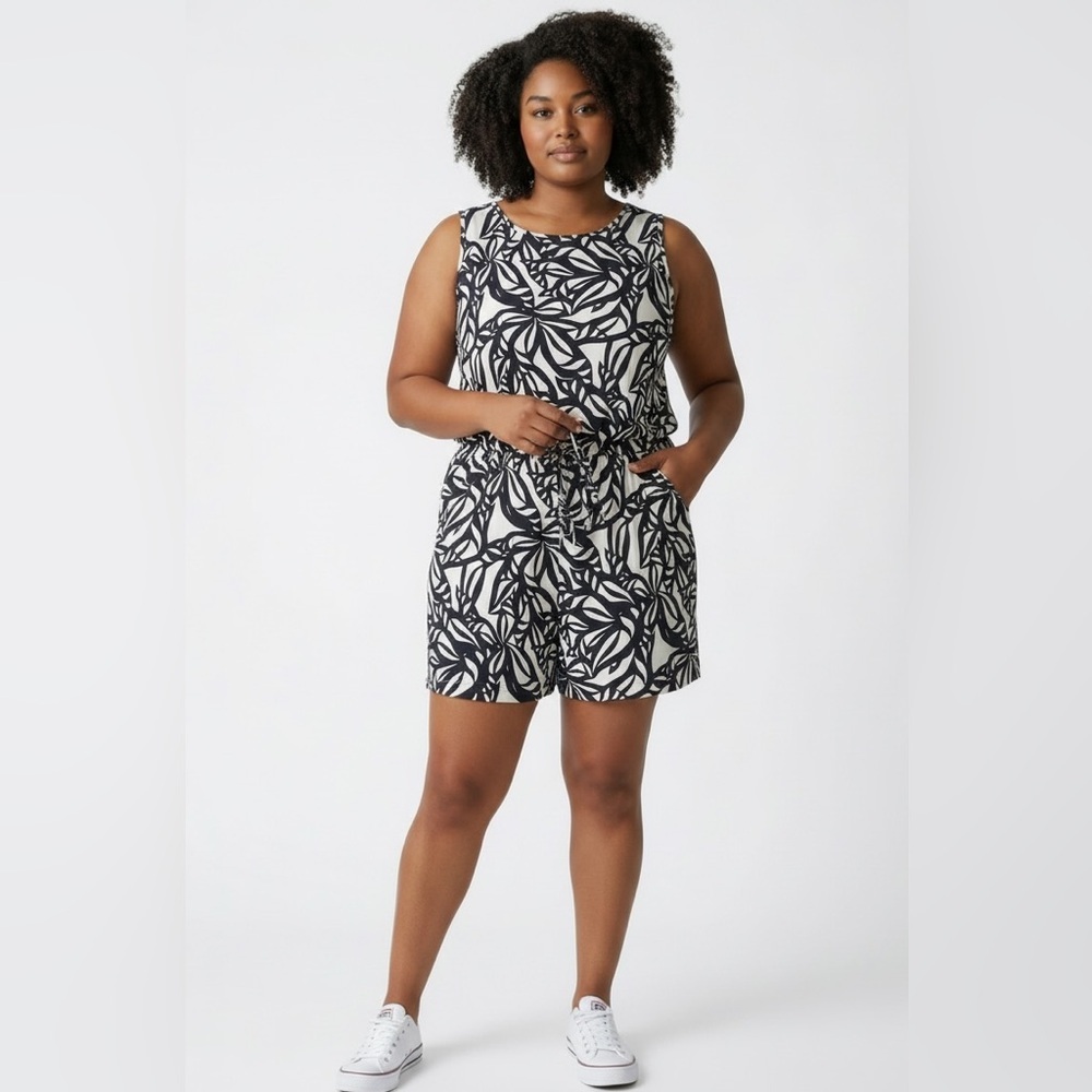 Jason Wu Black and White Tropical Leaf Print Linen Blend Romper Women’s Size 1X